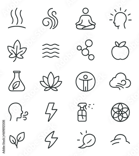 Wellness and nature linear icon set. featuring meditation, yoga, aroma, zen, and organic symbols
