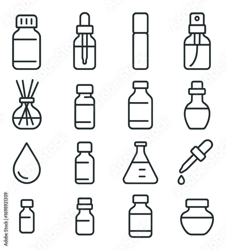 Essential oils linear icon set. featuring dropper, bottle, diffuser, spray, beaker, and liquid symbols.
