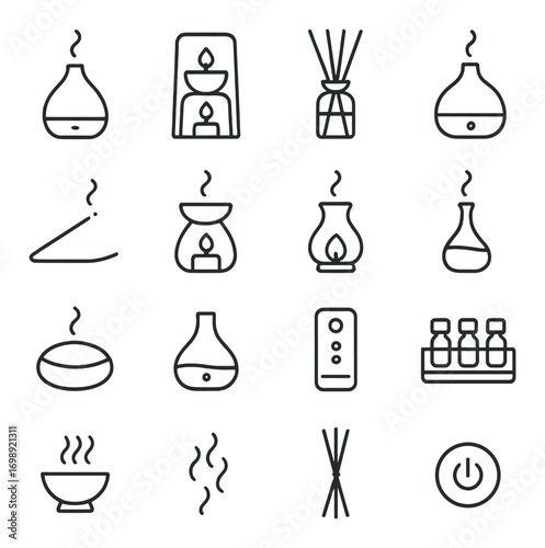Aromatherapy linear icon set. featuring diffuser, incense stick, candle, remote, and essential oil bottles
