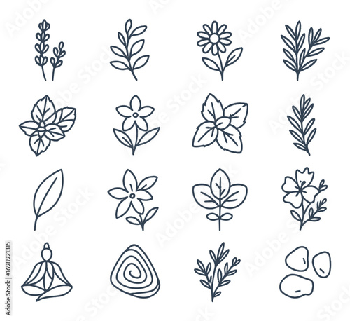 Floral elements linear icon set. featuring leaves, flowers, herbs, petals, and botanical symbols