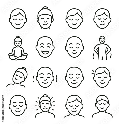 Facial expressions and wellness linear icon set. featuring meditation, happiness, relaxation, awareness, and calmness symbols