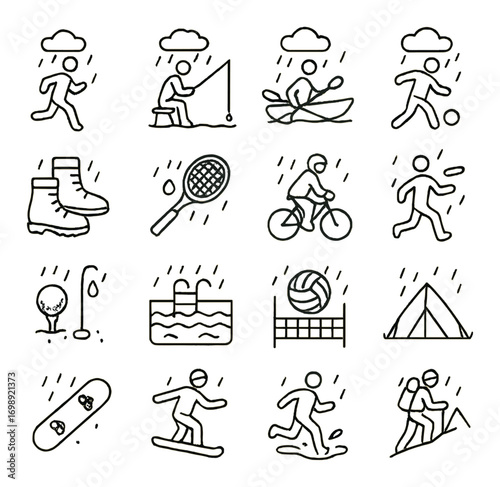 Outdoor activities linear icon set. featuring hiking, fishing, kayaking, cycling, skiing, and camping symbols