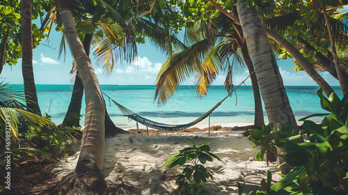 tropical beach with turquoise water, palm trees, hammock between trees, cinematic 16:9