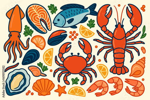 Seafood Collection – Lobster, Crab, Fish, Shrimp, and Shellfish Illustration