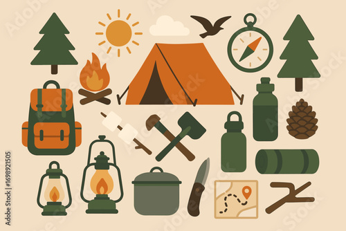 Camping Adventure Icons – Outdoor Hiking and Survival Gear Set