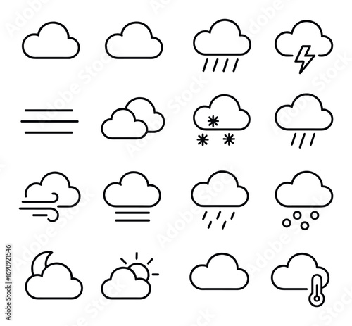 Weather linear icon set. featuring cloud, rain, lightning, wind, snow, fog, sun, and temperature symbols