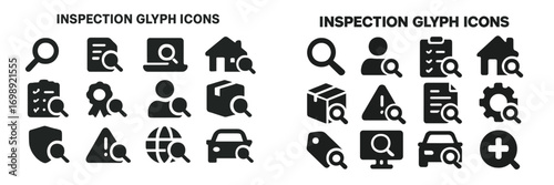 Various glyph icons representing inspection activities for documents, properties, products, and vehicles in a clean layout