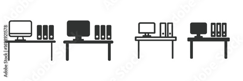 Multiple desk arrangements featuring computers and file organizers in a minimalist workspace setting