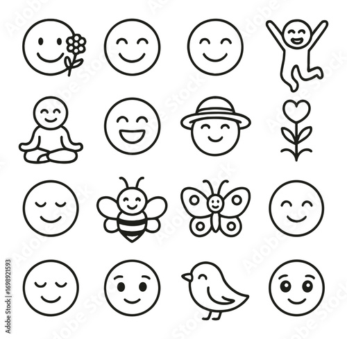 Emotions and nature linear icons set. featuring smiley, flower, meditating, joyful, bee, butterfly, and bird symbols