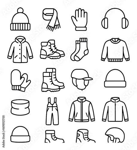 Winter clothing linear icon set. featuring hat, scarf, gloves, ear muffs, boots, socks, sweater, and jacket symbols