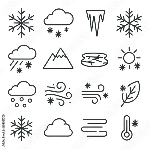 Winter weather linear icon set. featuring snowflake, cloud, icicle, sun, mountain, wind, and thermometer symbols