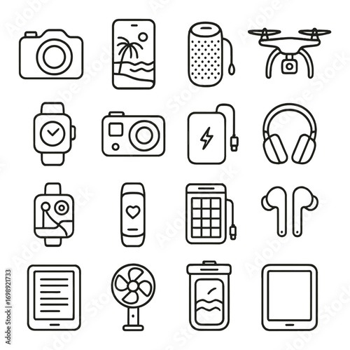 Technology gadgets linear icon set. featuring camera, smartphone, speaker, drone, smartwatch, headphones, tablet, and fan