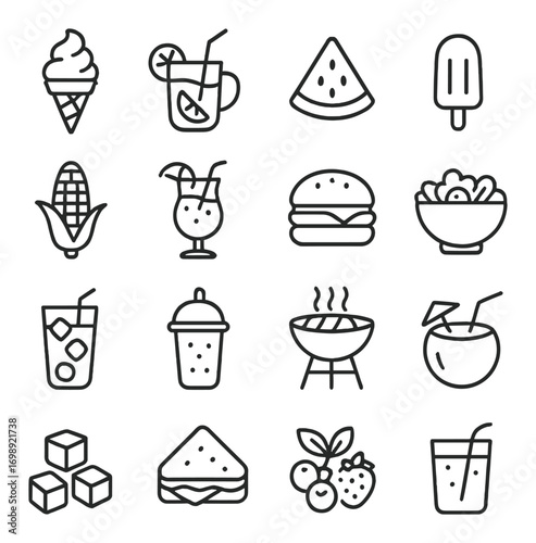Summer foods linear icon set. featuring ice cream, lemonade, watermelon, popsicle, corn, cocktails, burger, and salad