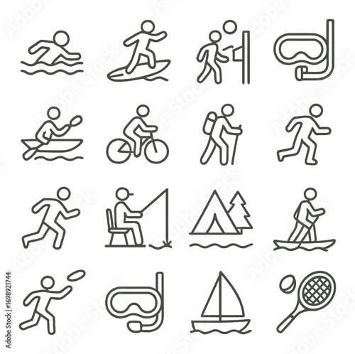Outdoor activities linear icon set. featuring swimming, surfing, hiking, cycling, snorkeling, and fishing icons
