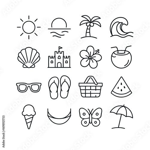 Summer linear icon set. featuring sun, waves, palm, shell, castle, flower, coconut, sunglasses, and more
