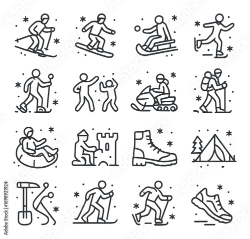 Winter sports linear icon set. featuring skiing, snowboarding, ice skating, snowshoeing, sledding, and snowball fighting