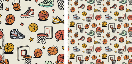 Basketball Seamless Pattern – Doodle Balls, Hoops, and Sneakers Vector Illustration