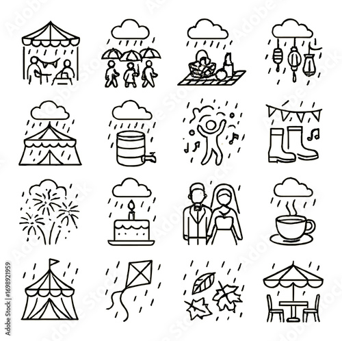 Festival linear icon set. featuring tent, umbrella, picnic, lanterns, music, fireworks, cake, wedding, and coffee symbols