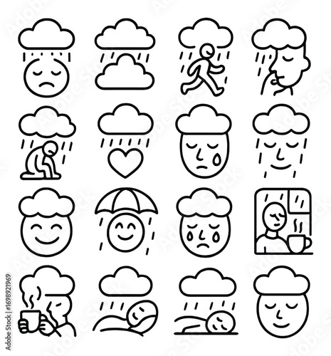 Weather linear icon set. featuring rain, cloud, sad, running, hugging, sleeping, coffee, umbrella, heart