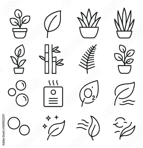 Nature and plants linear icon set. featuring leaves, trees, potted plants, bamboo, air purifier, and sparkle symbols