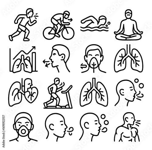 Respiratory health linear icon set. featuring running, cycling, swimming, meditation, lungs, breathing symbols