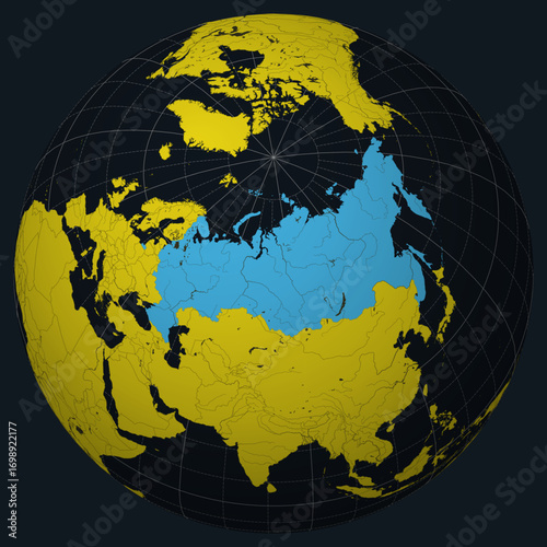 Russian Federation on Globe. Country view on the world map in Charcoal Bright Yellow color palette. Russia shape on map. Globe with meridians, parallels, countries, rivers and lakes.
