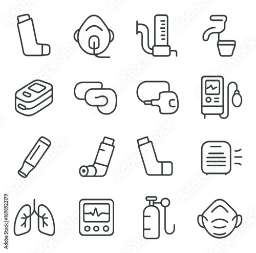 Medical equipment linear icon set. featuring inhaler, oxygen mask, sphygmomanometer, oxygen tank, and ventilator symbols