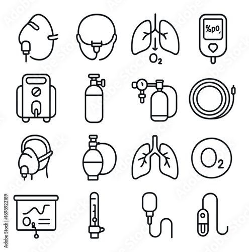 Medical equipment linear icon set. featuring mask, lungs, oxygen tank, stethoscope, syringe, and thermometer symbols