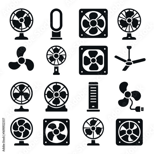 Fan silhouette icon set. featuring table, ceiling, tower, bladeless, usb, and electric fan symbols