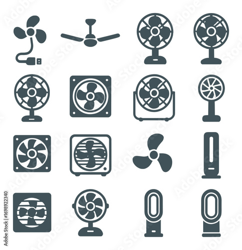 Home appliances silhouette icon set. featuring fan, ceiling, tower, electric, air circulator, ventilation