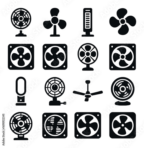 Fan and ventilator silhouette icon set. featuring table fan, ceiling fan, cooling tower, floor fan, and air circulator