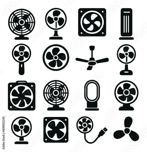 Home appliances silhouette icon set. featuring fan, ceiling fan, table fan, air cooler, exhaust fan, usb fan