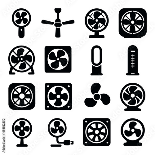 Cooling devices silhouette icon set. featuring fan, ventilation, air conditioning, temperature, and oscillating symbols