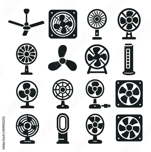 Home appliances silhouette icon set. featuring ceiling fan, tower fan, desk fan, wall fan, and floor fan symbols