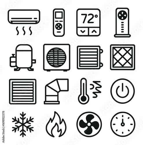 Hvac system linear icon set. featuring air conditioner, thermostat, filter, fan, heater, and temperature symbols