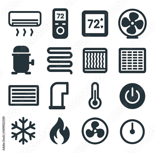 Hvac equipment silhouette icon set. featuring air conditioner, thermostat, fan, heater, filter, and thermometer symbols