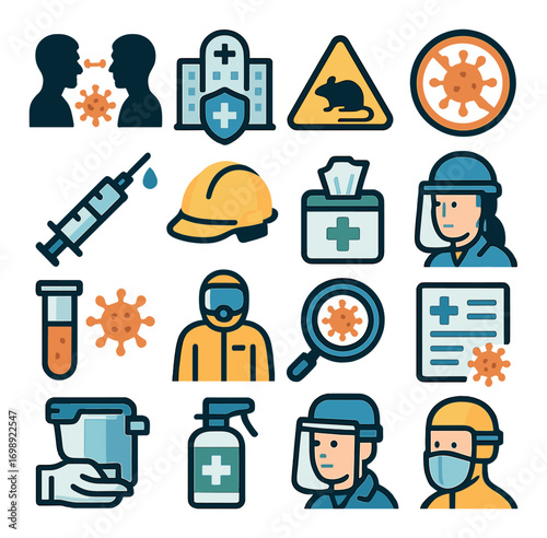 Pandemic safety flat icon set. featuring virus, mask, sanitizer, vaccine, hospital, quarantine, and shield icons