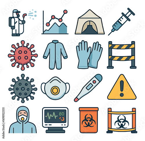 Safety and virus protection flat icon set. featuring mask, syringe, virus, barrier, suit, and gloves