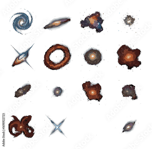 Cosmic phenomena silhouette icon set. featuring galaxy, nebula, supernova, black hole, and asteroid symbols