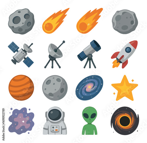 Space exploration flat icon set. featuring asteroid, comet, satellite, telescope, rocket, planet, and alien