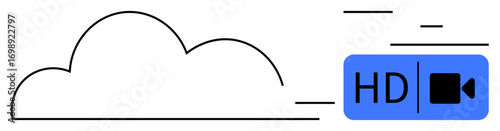 Cloud with motion lines next to HD video icon in blue. Ideal for streaming, data storage, technology, media, communication, cloud computing, simple landing page