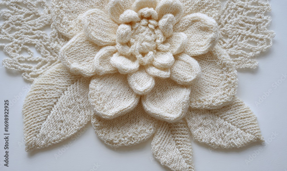 Fototapeta premium Close-up of a crocheted/knitted flower and leaves. Cream-colored, detailed, textured
