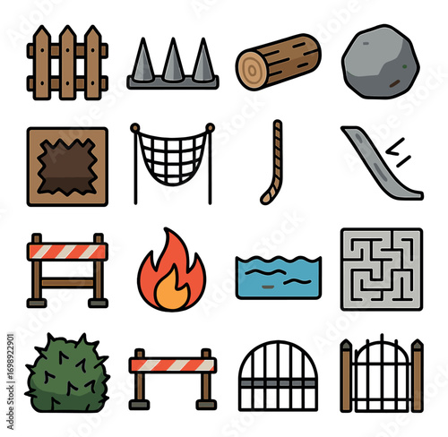 Outdoor obstacles flat icon set. featuring fence, log, rock, net, rope, slide, barrier, fire, water, maze