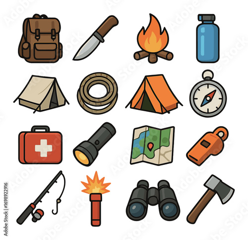 Camping essentials flat icon set. featuring backpack, knife, campfire, water bottle, tent, and compass symbols