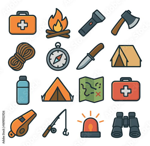 Camping equipment flat icon set. featuring first aid kit, campfire, flashlight, axe, rope, compass, knife, tent.