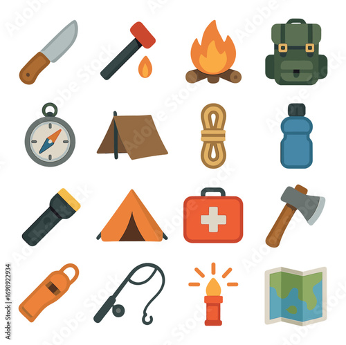 Camping outdoor flat icons set. featuring knife, axe, fire, backpack, compass, tent, rope, bottle, flashlight, first aid kit
