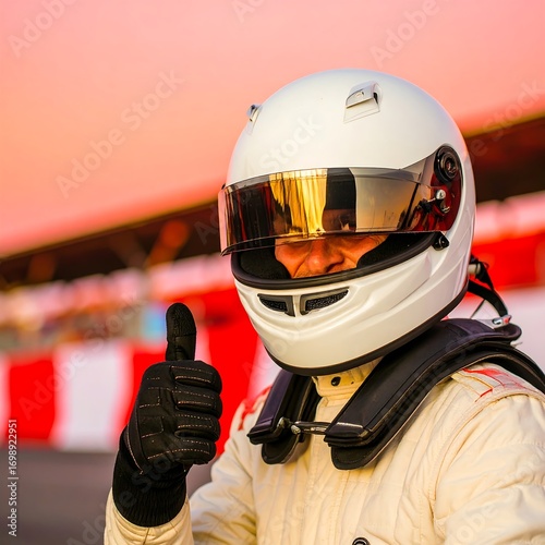 Racing driver giving thumbs up on track