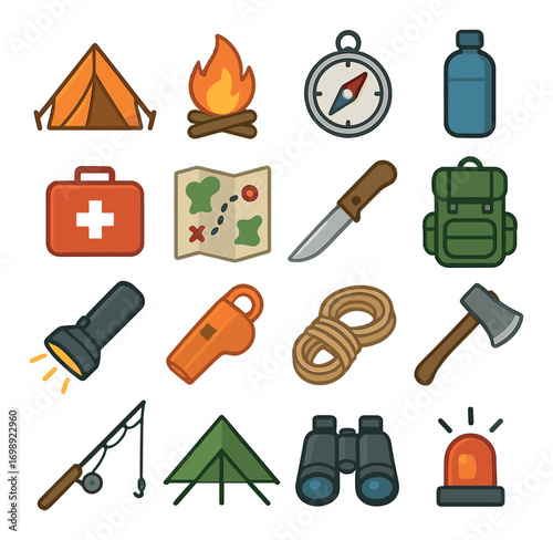 Camping essentials flat icon set. featuring tent, campfire, compass, bottle, first aid, map, knife, backpack