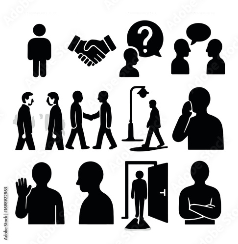 Business and communication silhouette icon set. featuring person, handshake, question, conversation, and walking symbols