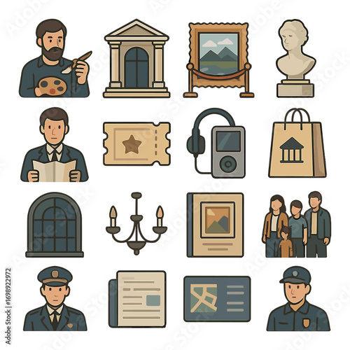 Museum flat icon set. featuring painter, sculpture, ticket, painting, audio guide, museum bag, chandelier, family